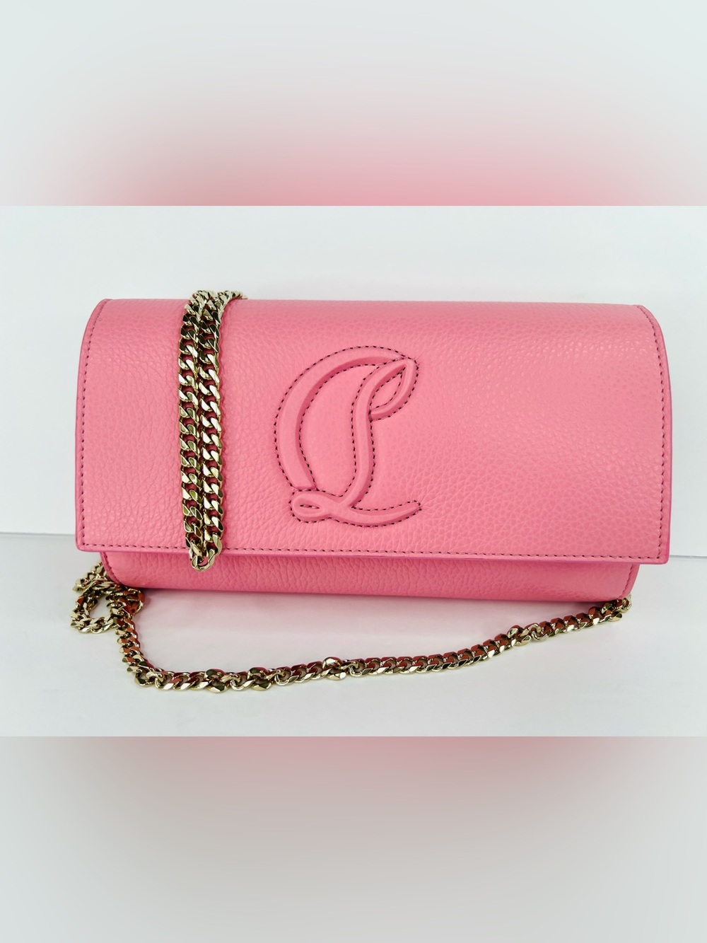 CHRISTIAN LOUBOUTIN By My Side Calipso Pink Calf Leather Logo Wallet Gold Chain - Picture 4 of 16